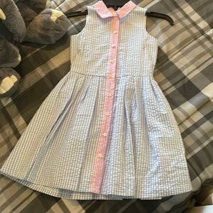 Pink and blue dress flower button detail